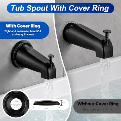 Universal Matte Black Tub Spout with Diverter, Metal Cover and Adapter | Pull Down Bathroom Tub Faucet Replacement, for 1/2" Copper Pipe, 1/2" IPS & 3/4" IPS threaded, Bathtub Spout with Hex Wrench - color: Black