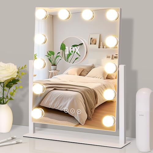 Kotdning Vanity Mirror with Lights,Lighted Vanity Mirror with 12 Dimmable Bulbs for Dressing Room & Bedroom,3 Color Lighting,Modes Detachable 10x Magnification 360°Ratation (White) 14.6" L x 17" W - color: White, size: 16.8"L x 13.3"W