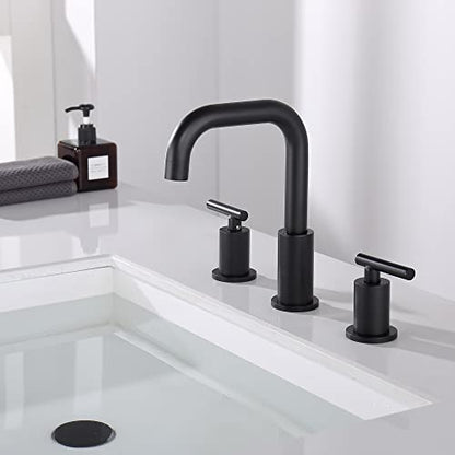 ChiLDano Black Sink Faucet Bathroom 3 Hole, 8 inch Black Faucet with Drain | 2 Handles 3 Hole Black Faucet for Bahtoom Sink, Bathroom Faucet Widespread for Vanity - color: Matte Black