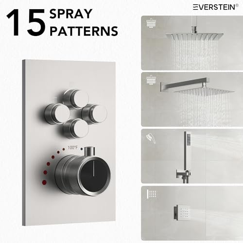 12" High-Pressure Rainfall Shower Faucet with Valve for Bathroom, Dual Rainfall Shower Head System with 6 Body Jets, Rough in-Valve (Brushed Nickel) | High-Pressure, Dual 12" Rainfall Shower Head System, 6 Body Jets, Rough in-Valve - color: Brushed Nickel