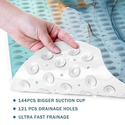 Marble Bath Tub Mat Non Slip, Green Blue Marble Non Slip Bath Mat for Shower, Large Washable Shower Mats for Showers with Drain Holes and Suction Cups,40 X 16 Inch - color: Green Blue Marble