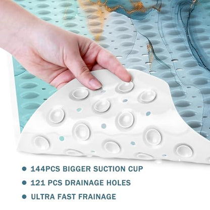 Marble Bath Tub Mat Non Slip, Green Blue Marble Non Slip Bath Mat for Shower, Large Washable Shower Mats for Showers with Drain Holes and Suction Cups,40 X 16 Inch - color: Green Blue Marble