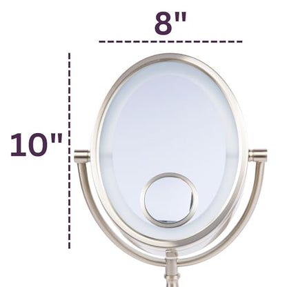 JERDON Lighted Makeup Mirror with 10X Magnification - Nickel - HL9510NL | Two-Sided 1X View, 8" x 10" Oval Frame, 15X Spot Mirror, 17.5" Tall - color: Nickel Tabletop