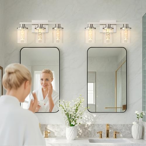 L LOHAS LED 3-Light Bathroom Vanity Light, Nickel, 5CCT, Remote Control | 5CCT Dimmable Acrylic Bathroom Light Fixtures with Clear Glass Shades and Remote Control
