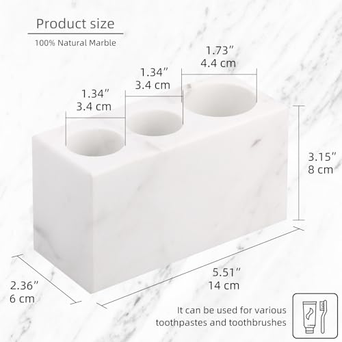 Natural Marble Toothbrush Holder, White, 3 Slots | Large Bathroom Organizer Countertop, Ventilation Design, Stone Toothbrush and Toothpaste Stand, Non-Slip Silicone Pads - color: White, size: 3 Slots