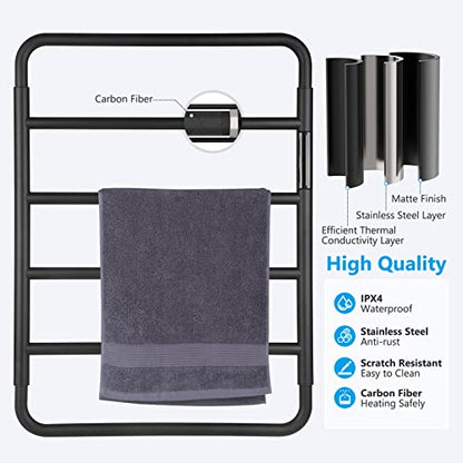 VJASS Heated Towel Rack for Bathroom, 4 Bar Stainless Steel Electric Towel Warmer with Built-in Timer, Dual Hardwired & Plug-in Wall Mounted Installation (Matte Black) - color: Matte Black