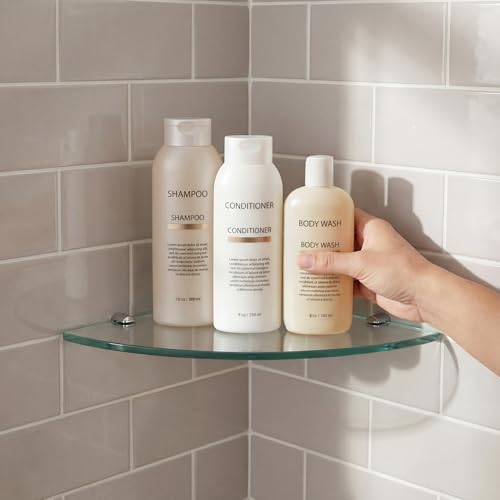 Kingrol 3 Pack Drill-Mounted Glass Corner Shower Shelves, 9-3/8 Inch | 3 Separate Shelves for True 90° Corners, 4 Brackets Per Shelf, Approx. 9.75-Inch Installed Corner Depth