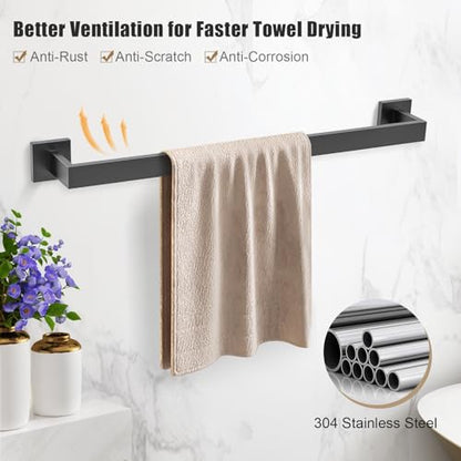 TQKAG Matte Black Bathroom Hardware Accessories Set 5 Pieces, Double Post Pivoting Toilet Paper Holder Set Stainless Steel Square Bathroom Towel Bar Holder Set Wall Mounted - color: Matte Black, size: 5-Pieces Set