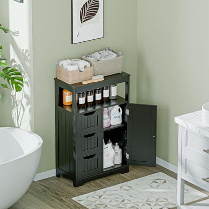ZenStyle Bathroom Floor Cabinet, Storage Organizer with 3 Drawers and 1 Door, Free Standing Entryway Cupboard for Home Office (Black)