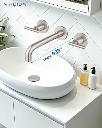 Airuida Wall Mounted Bathroom Sink Faucet,Brushed Nickel Vanity Sink Faucet | Lever Handle,3 Holes,360° Widespread Swivel Spout,Rotatable Bathroom Faucet - color: Brushed Nickel