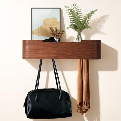 Coat Rack Wall Mount with Shelf Entryway Shelf Modern Key Holder Hanger Wall Shelves with Hidden Hooks for Hanging Towels Coats Hats Bags for Hallway Bathroom Bedroom(Walnut Color, 4 Hooks) - color: Walnut Color, size: 4 hooks