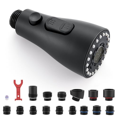 J-HVA Pull Down Kitchen Faucet Sprayer Head Replacement Part, Matte Black | with 15 Connectors, 3 Function Pull Out Sink Sprayer Replacement Nozzle, Kitchen Faucet Head Hose Spray Tap Spout - color: Matte Black