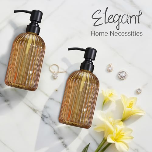 16 OZ Amber Glass Soap Dispenser, Amber Stripe Bathroom Hand Soap Dispensers with Stainless Steel Matte Black Pump,Brown Glass Kitchen Hand Soap Dispenser with Matte Black Pump - color: Matte Black +Amber, size: 1-Pack