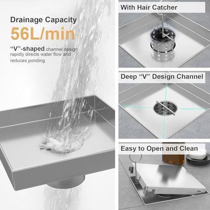 Square Shower Drain - 6 Inch Brushed Nickel, with Tile Insert Grate | AISI 304 Stainless Steel Shower Drain ,with Hair Catcher, Shower Floor Drain Fits Bathroom, Balcony - color: Brushed Nickel, size: 6 Inch