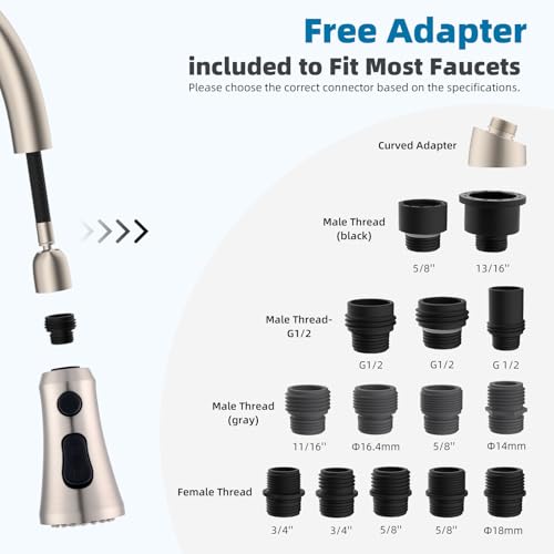 Hibbent Pull Down Kitchen Faucet Head Replacement, 3-Function NSF/ANSI/CAN 61 & CUPC Certified Sink Spray Nozzle, 15 Adapters, Compatible with Moen, Delta, Kohler Faucets, Brushed Nickel - color: Brushed Nickel, style: Stay on sprayer without hold button
