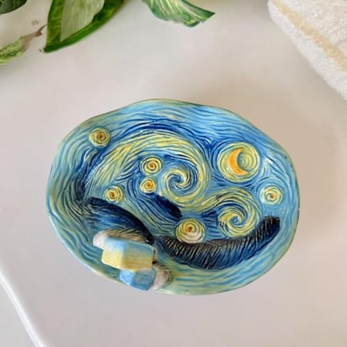 4 Piece Van Gogh Starry Night Ceramic Bathroom Accessory Set, Blue Art Decor with Soap Dispenser, Toothbrush Holder, Tumbler, Soap Dish