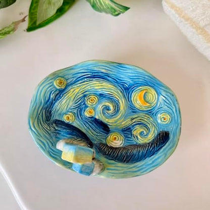 4 Piece Van Gogh Starry Night Ceramic Bathroom Accessory Set, Blue Art Decor with Soap Dispenser, Toothbrush Holder, Tumbler, Soap Dish