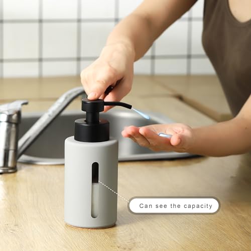 Enra Glass Dish Soap Dispenser with Window,12oz Light Gray Soap Dispenser with Stainless Steel Hand Lotion Pump,Refillable Bathroom Soap Dispenser for Bathroom Kitchen - color: Light Gray