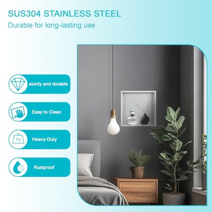 14"x14"x4" Stainless Steel Shower Niche No Tile Needed - Brushed Nickel Bathroom Wall Niche Insert, Recessed Waterproof Shelf for Drywall/Tile Showers - size: 14x14" - Brushed Nickel