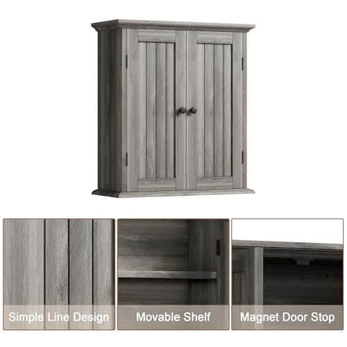ChooChoo Bathroom Wall Cabinet with 2 Doors, Over The Toilet, Farmhouse | 8.8"D x 21.1"W x 24"H, Medicine Cabinet, Adjustable Shelves, Cupboard, Retro Grey - color: Retro Grey, size: 8.8"D x 21.1"W x 24"H