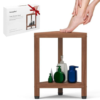 Samplife 17" Teak Corner Shower Stool for Shaving Legs, Space-Saving Shower Foot Rest with Storage Shelf, Water-Resistant Corner Bench for Inside Shower & Small Bathrooms