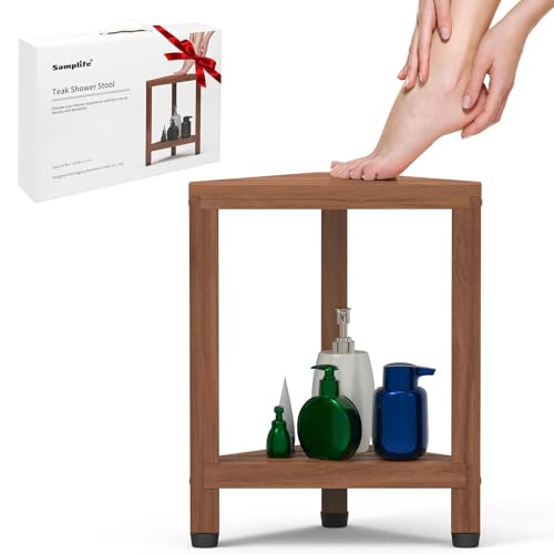 Samplife 17" Teak Corner Shower Stool for Shaving Legs, Space-Saving Shower Foot Rest with Storage Shelf, Water-Resistant Corner Bench for Inside Shower & Small Bathrooms