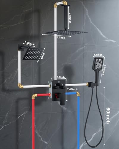 Shower System with Pressure Balance Valve, 12" Ceiling Mount Shower Faucet Set with 2 Rain Shower Head And Multi-function Handheld Head Push Button Diverter Pressure Balancing Valve Kit, Matte Black - color: Matte Black, style: 12"-Square-01