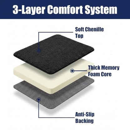 Muddy Mat® CloudStep Bathroom Rugs 2 Piece Set, Non Slip Bath Mats for Bathroom, Absorbent Memory Foam Chenille, Machine Washable Quick Dry Toilet Rug Set, Black 20"x30" + 20"x20" U-Shaped - color: Black