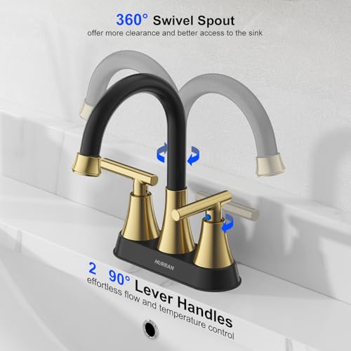 Bathroom Faucet, Hurran 4 inch Centerset 2-Handle Lead-Free, Black&Gold | Bathroom Sink Faucet with Pop-up Drain and Supply Lines, Stainless Steel Faucet for Vanity RV Restroom Laundry Outdoor Sink - color: Black& Gold