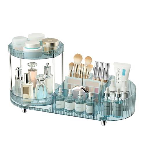 Rotating Makeup Organizer for Vanity, 2 Perfume Trays with 5 Compartments Cosmetic & Skincare Storage, Space-Saving Beauty Organizer, Multi-Purpose Countertop Organizers for Bathroom, Desktop, Pantry - color: haze blue