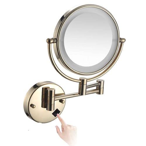 Wall Mounted Makeup Mirror with Lights,Double Sided 1X/10X Magnifying Vanity Mirror with Push Button Switch,360° Swivel Design, Extendable and Folding Arm - for Men and Women - color: Zirconium Gold, size: Plugln