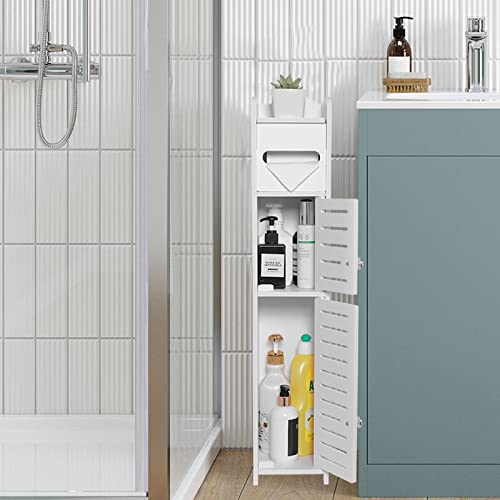 TuoxinEM Storage Cabinet for Small Spaces, Over The Toilet Cabinet for Skinny Bathroom Storage Corner Floor, Slim Paper Holder with 2 Doors & Shelves (White)