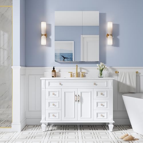 32" x 36" Bathroom Medicine Cabinet with Mirror, Anodized Chrome Aluminum Frame, Surface Mount or Recessed Medicine Cabinet with Mirror, Bathroom Mirror with Storage, Double Doors - size: 32"x36"-A