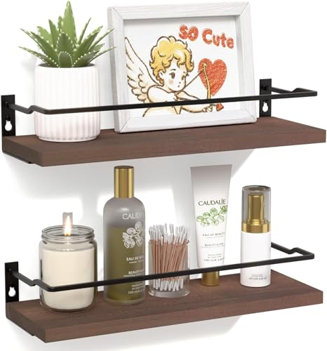 RICHER HOUSE Floating Shelves Bathroom, Small Wall Shelf Over Toilet 2 Set | Wall Mounted Shelves Decor for Bathroom, Kitchen, with Metal Guard-Rail, Paper Storage Shelf, Rustic, Wood, Brown - color: Brown