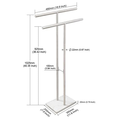 40 Inch Standing Towel Rack Double-T Shape Tall Bath Towel Sheet Holder with Marble Design Base for Bathroom Floor Next to Tub or Shower 2 Tier Towel Holder Stand Stainless Steel Brushed Nickel - color: Brushed Nickel