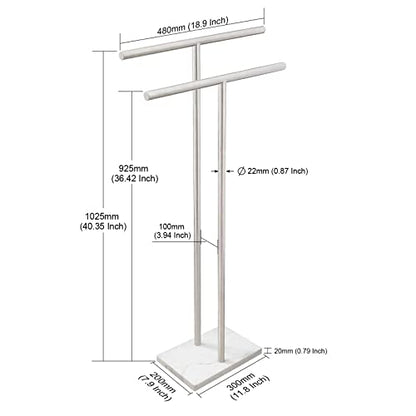 40 Inch Standing Towel Rack Double-T Shape Tall Bath Towel Sheet Holder with Marble Design Base for Bathroom Floor Next to Tub or Shower 2 Tier Towel Holder Stand Stainless Steel Brushed Nickel - color: Brushed Nickel