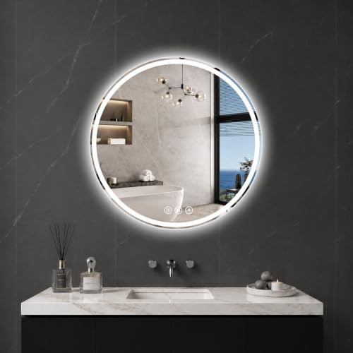 Round LED Bathroom Mirror, 22 Inch, HD Shatterproof Tempered Glass | Lighted Bathroom Mirror with Dimmable Lights Bathroom Mirror with Lights for Wall, 3 Color Temperatures - size: 22"L x 22"W