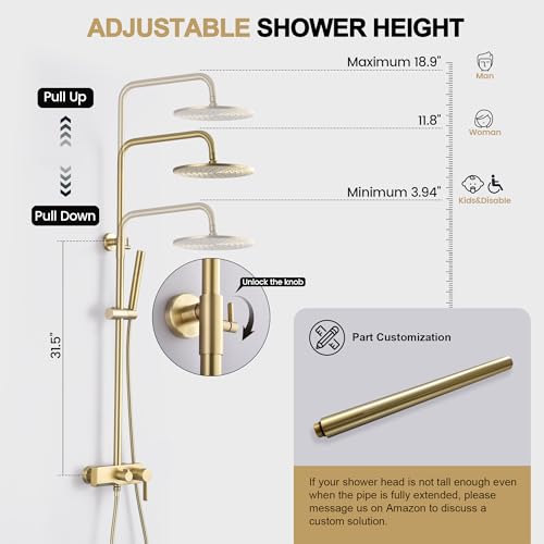 Brushed Gold Exposed Shower System with 2 Modes HandHeld,3 Functions Tub Shower Faucet Sets with Brass Valve, Shower Fixture with 10 Inches Rainfull Shower Head,Shower Height Adjustable - color: B- Brushed Gold with Round Shower Head