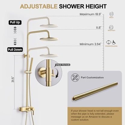 Brushed Gold Exposed Shower System with 2 Modes HandHeld,3 Functions Tub Shower Faucet Sets with Brass Valve, Shower Fixture with 10 Inches Rainfull Shower Head,Shower Height Adjustable - color: B- Brushed Gold with Round Shower Head