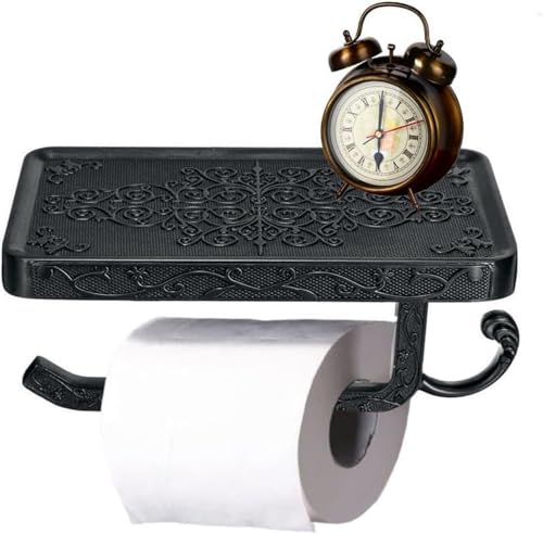 Antique Carving Toilet Paper Holder，Wall Mounted Single Roll Cell Phone Roll Holder Shelf for Bathroom Decor (Black) - color: Black