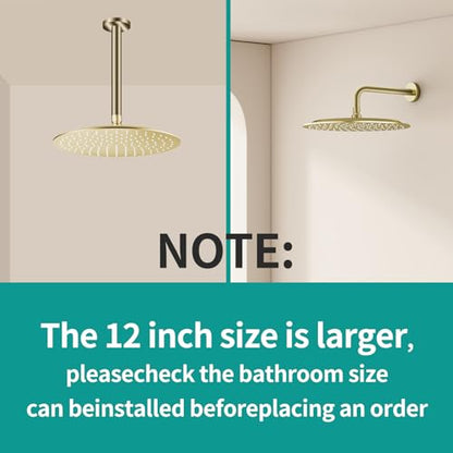 All Metal Rain Shower Head - Heavy Duty Stainless Steel, Easy Install, High Water Flow, Ultra-Thin Modern Design for Bathroom (F-Brushed Gold, 12) - color: Brushed Gold, size: 12