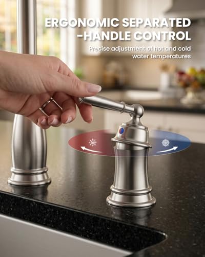 DAYONE 3 Holes Kitchen Sink Faucets with Pull Down Sprayer and Soap Dispenser, Separate Handle Brushed Nickel Sink Faucet for Kitchen, 2 Holes Single Handle High Arc - color: Brushed Nickel, style: Separate handle