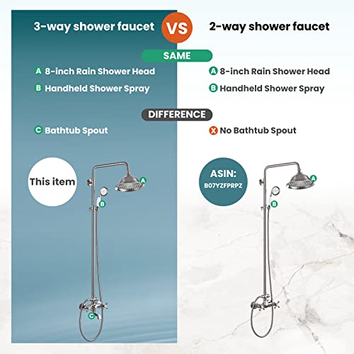 gotonovo Exposed Shower System with Spout,Brushed Nickel,No Shower Shelf | Brass Shower Faucet Set,8’’ Rain Head with Handheld Spray,Swivel Tub Spout,2 Cross Handle,6’’ Hole Distance,Adjustable Height - color: Nickel