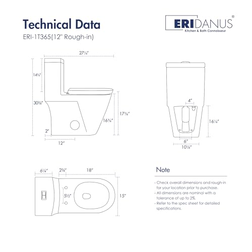 One Piece Toilet Elongated Dual Flush, 17.3" ADA Seat, White | ADA Compliant 17.3" chair height with soft close seat, Dual flush 1.1/1.6 GPF, Elongated toilet bowl, 12" rough-in, White - color: White 365Model