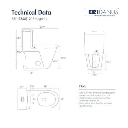 One Piece Toilet Elongated Dual Flush, 17.3" ADA Seat, White | ADA Compliant 17.3" chair height with soft close seat, Dual flush 1.1/1.6 GPF, Elongated toilet bowl, 12" rough-in, White - color: White 365Model