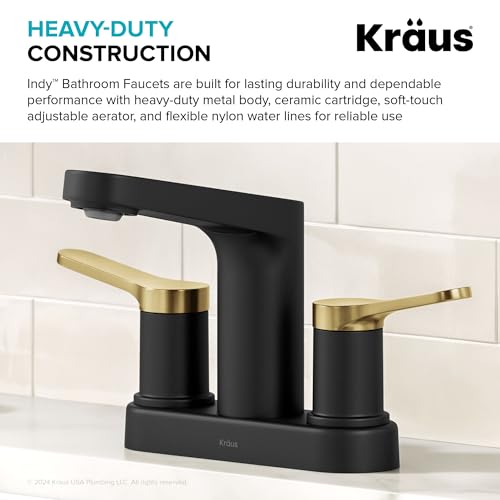 KRAUS Indy Centerset Bathroom Faucet in Spot-Free Brushed Brass/Matte Black with 2 Handles, Pop Up Drain and Supply Lines, FUS-14102SFBBMB - color: Spot Free Brushed Brass/Matte Black, style: Centerset