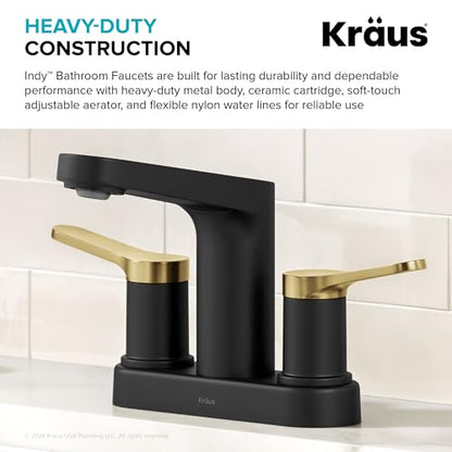 KRAUS Indy Centerset Bathroom Faucet in Spot-Free Brushed Brass/Matte Black with 2 Handles, Pop Up Drain and Supply Lines, FUS-14102SFBBMB - color: Spot Free Brushed Brass/Matte Black, style: Centerset