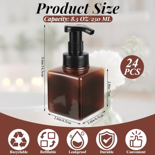Plastic Foaming Soap Dispenser with Pump, 8.5 Oz, 24 PCS | Liquid Soap, Shampoo, Bathroom, Hotel, Refillable Foaming Hand Soap Dispenser, Brown, Empty Hand Bottle