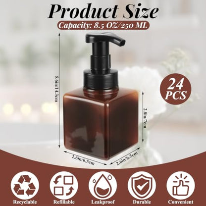 Plastic Foaming Soap Dispenser with Pump, 8.5 Oz, 24 PCS | Liquid Soap, Shampoo, Bathroom, Hotel, Refillable Foaming Hand Soap Dispenser, Brown, Empty Hand Bottle