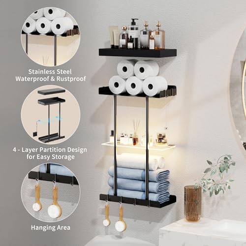 Vervida® Bathroom Towel Storage Rack, LED Towel Racks for Bathroom Wall Mounted 22.7 inch with 15 inch Floating Shelf Can Holds 6 Large Towels, Wall Towel Rack for Rolled Towels, Black - size: 15" with LEDs